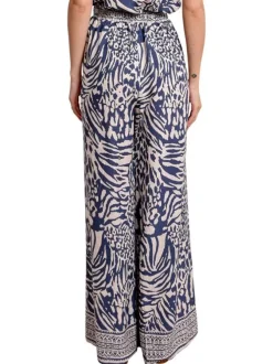 Pantalon chino bleu avec des imprimés une coupe bootcut et une taille élastiquée