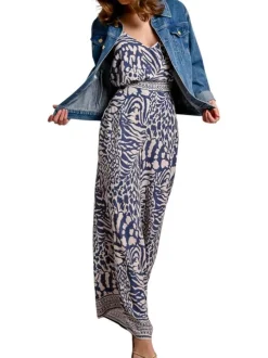 Pantalon chino bleu avec des imprimés une coupe bootcut et une taille élastiquée