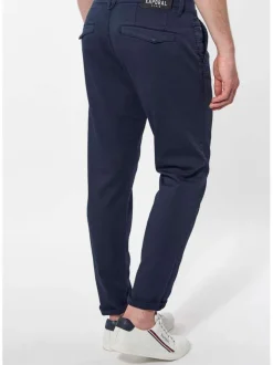 Pantalon chino bleu marine en coton mélangé uni à coupe slim et cordon de serrage à bouts métalliques