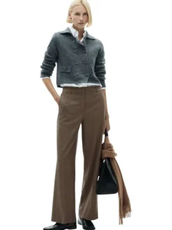 Pantalon chino chocolat à motif pied de poule avec une coupe bootcut et 2 poches