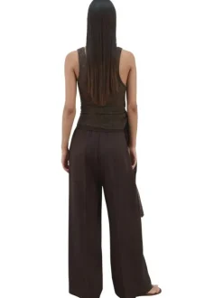 Pantalon chino chocolat uni pourvu d'une coupe large et d'une taille haute