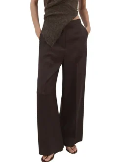 Pantalon chino chocolat uni pourvu d'une coupe large et d'une taille haute