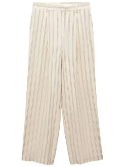 Pantalon chino écru en lin mélangé avec rayures grises et coupe droite