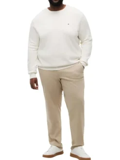 Pantalon chino en coton beige uni pourvu de passants pour la ceinture
