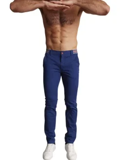 Pantalon chino en coton bleu uni à coupe slim fit et à taille tricolore