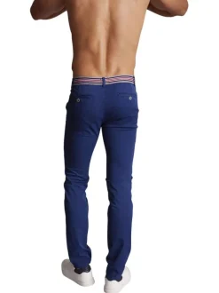 Pantalon chino en coton bleu uni à coupe slim fit et à taille tricolore