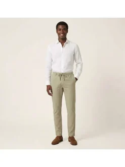 Pantalon chino en coton et lin mélangé beige uni pourvu d'une coupe slim