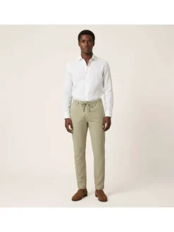 Pantalon chino en coton et lin mélangé beige uni pourvu d'une coupe slim