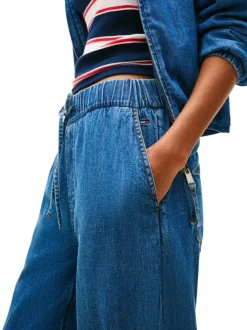 Pantalon Chino en coton indigo uni avec une coupe large et une taille élastiquée