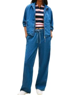 Pantalon Chino en coton indigo uni avec une coupe large et une taille élastiquée
