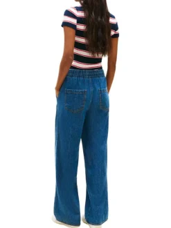 Pantalon Chino en coton indigo uni avec une coupe large et une taille élastiquée