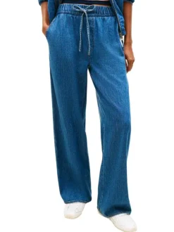Pantalon Chino en coton indigo uni avec une coupe large et une taille élastiquée