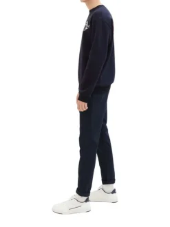 Pantalon Chino en coton marine uni avec une coupe slim et des poches latérales