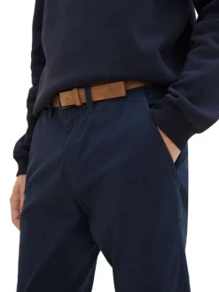 Pantalon Chino en coton marine uni avec une coupe slim et des poches latérales