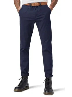 Pantalon Chino en coton marine uni avec une coupe slim et des poches latérales