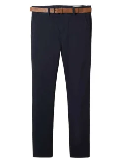 Pantalon Chino en coton marine uni avec une coupe slim et des poches latérales