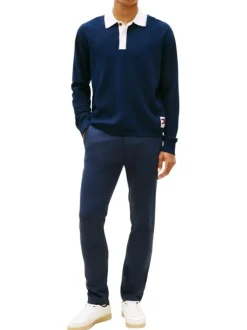 Pantalon Chino en coton marine uni avec une coupe slim à zip et à bouton