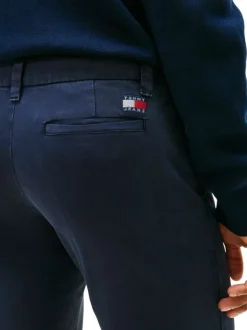 Pantalon Chino en coton marine uni avec une coupe slim à zip et à bouton