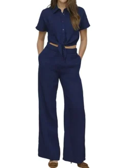 Pantalon chino en coton marine uni pourvu d'une taille élastiquée