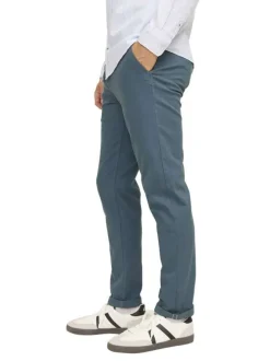 Pantalon chino en coton mélangé bleu uni à coupe slim fit et à taille basse