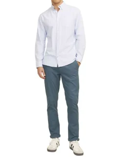 Pantalon chino en coton mélangé bleu uni à coupe slim fit et à taille basse