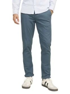Pantalon chino en coton mélangé bleu uni à coupe slim fit et à taille basse