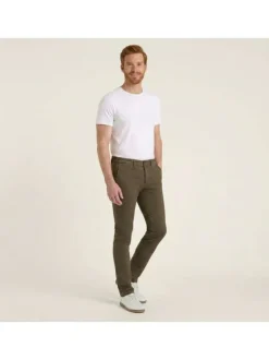 Pantalon Chino en coton mélangé taupe uni avec coupe slim et passants