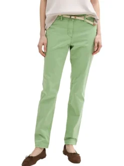 Pantalon Chino en coton mélangé vert uni avec une ceinture et une à coupe slim