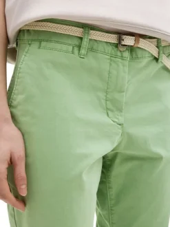 Pantalon Chino en coton mélangé vert uni avec une ceinture et une à coupe slim