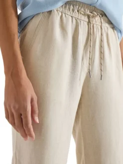 Pantalon chino en lin beige uni avec une coupe droite et une taille élastiquée