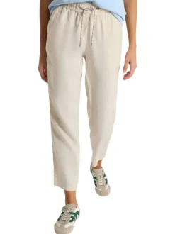 Pantalon chino en lin beige uni avec une coupe droite et une taille élastiquée