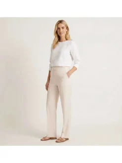 Pantalon chino en lin beige uni pourvu d'une taille intermédiaire