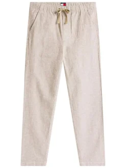 Pantalon Chino en lin et coton taupe uni avec une coupe droite