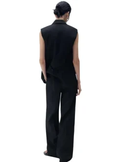 Pantalon chino en lin noir uni avec une coupe droite et des passants