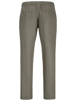 Pantalon chino kaki en lin pourvu d'une taille élastiquée froncée