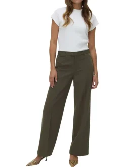 Pantalon Chino kaki uni avec une coupe bootcut et bouton à la taille