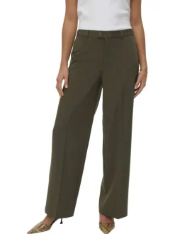 Pantalon Chino kaki uni avec une coupe bootcut et bouton à la taille
