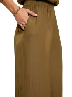 Pantalon Chino kaki uni avec une coupe flare et une taille élastiquée