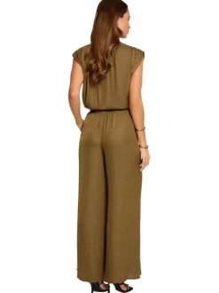 Pantalon Chino kaki uni avec une coupe flare et une taille élastiquée