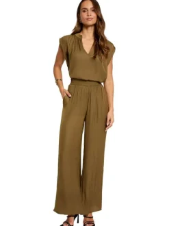 Pantalon Chino kaki uni avec une coupe flare et une taille élastiquée