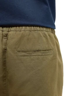 Pantalon chino kaki uni en coton et lin mélangé avec une coupe ajustée