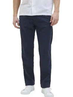 Pantalon chino marine en coton et lin mélangés pourvu d'un cordon de serrage