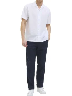 Pantalon chino marine en coton et lin mélangés pourvu d'un cordon de serrage