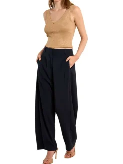 Pantalon chino marine uni pourvu d'une coupe large et d'une taille haute