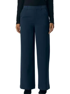 Pantalon chino marine uni pourvu d'une taille élastiquée et d'une coupe bootcut