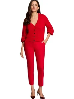 Pantalon Chino rouge uni avec une coupe droite à zip et à bouton