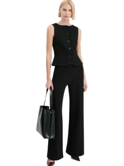 Pantalon costume noir uni avec une coupe droite et une taille élastiquée