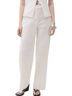 Pantalon écru uni à coupe droite fluide avec une taille mi-haute