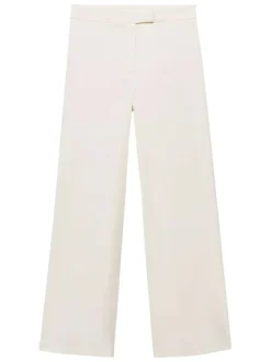 Pantalon écru uni à coupe droite fluide avec une taille mi-haute