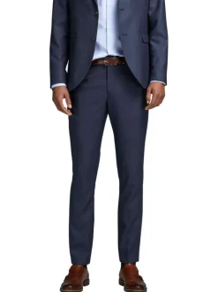 Pantalon de costume solaris marine uni avec une coupe slim et des passants